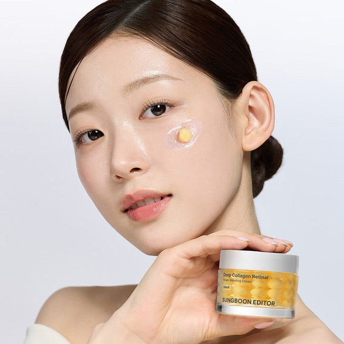 Woman applying SUNGBOON EDITOR Deep Collagen Retinal Shot Power Boosting Cream to her face
