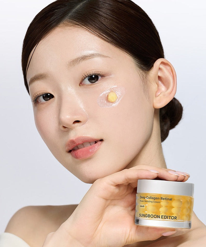 Woman applying SUNGBOON EDITOR Deep Collagen Retinal Shot Power Boosting Cream to her face