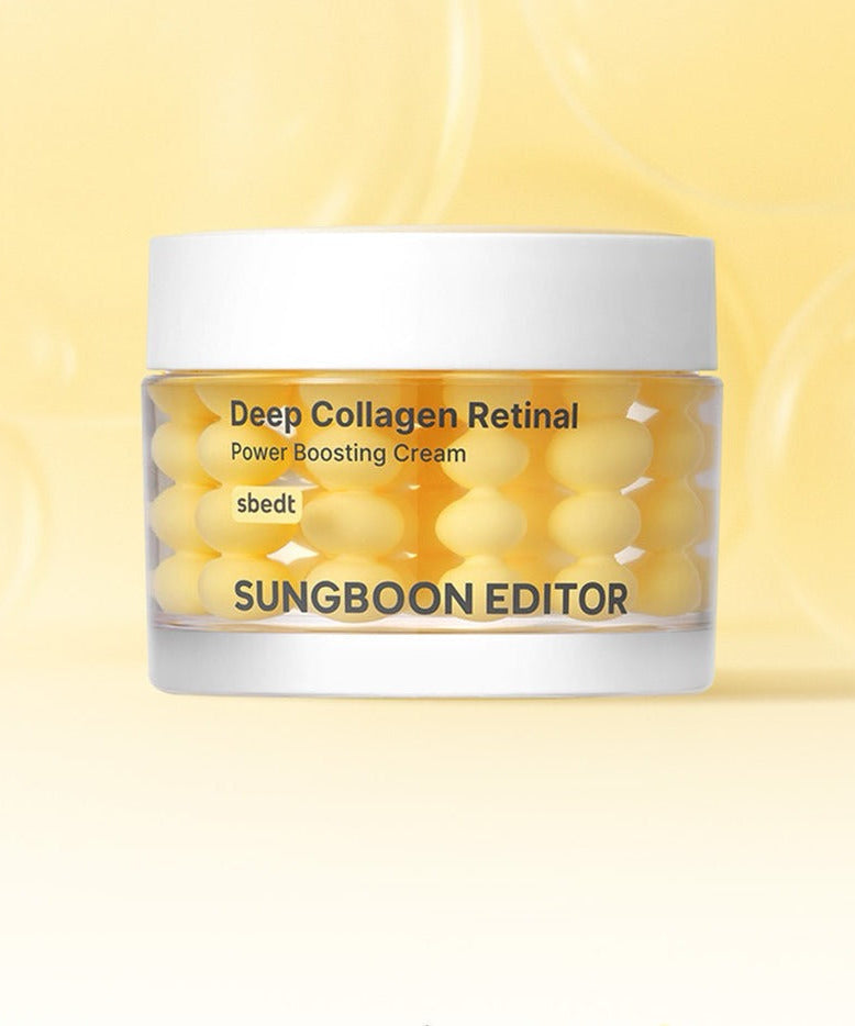 SUNGBOON EDITOR Deep Collagen Retinal Shot Power Boosting Cream jar on a light yellow background