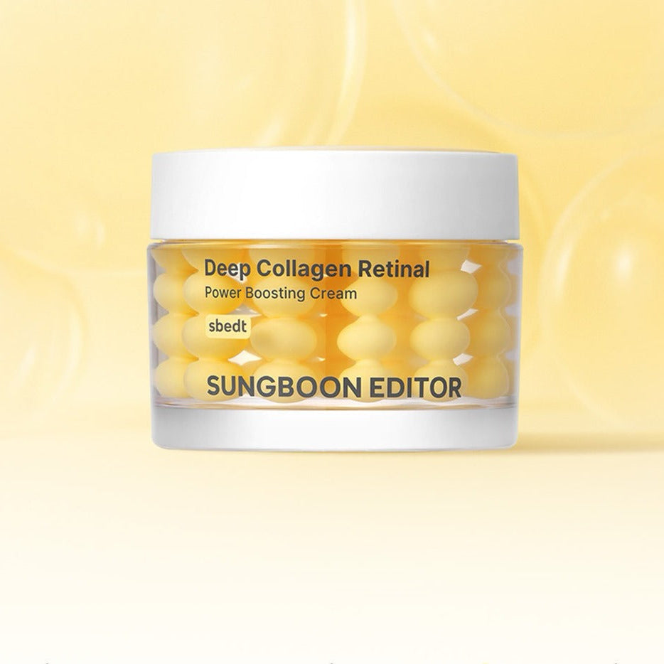 SUNGBOON EDITOR Deep Collagen Retinal Shot Power Boosting Cream jar on a light yellow background