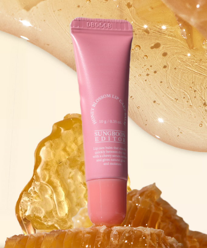 SUNGBOON EDITOR Honey Blossom Lip Care Balm with honeycomb background showcasing moisturizing lip treatment.