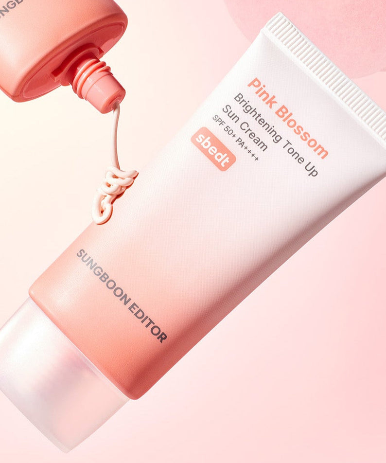 SUNGBOON EDITOR Pink Blossom Brightening Tone-Up Sunscream 50ml skincare product with a pastel pink gradient design.