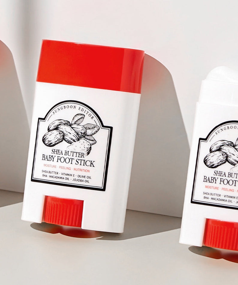 SUNGBOON EDITOR Shea Butter Baby Foot Stick on display, moisturizing and nourishing foot care product with natural oils in red-white container.
