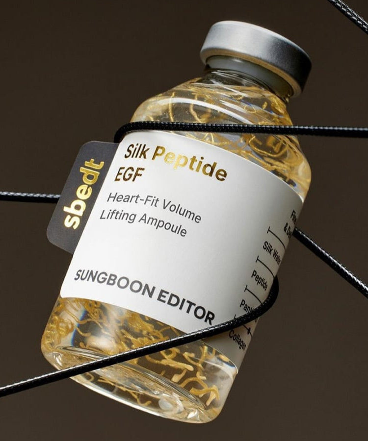 SUNGBOON EDITOR Silk Peptide EGF Heart-Fit Volume Lifting Ampoule 40ml displayed against a dark background.
