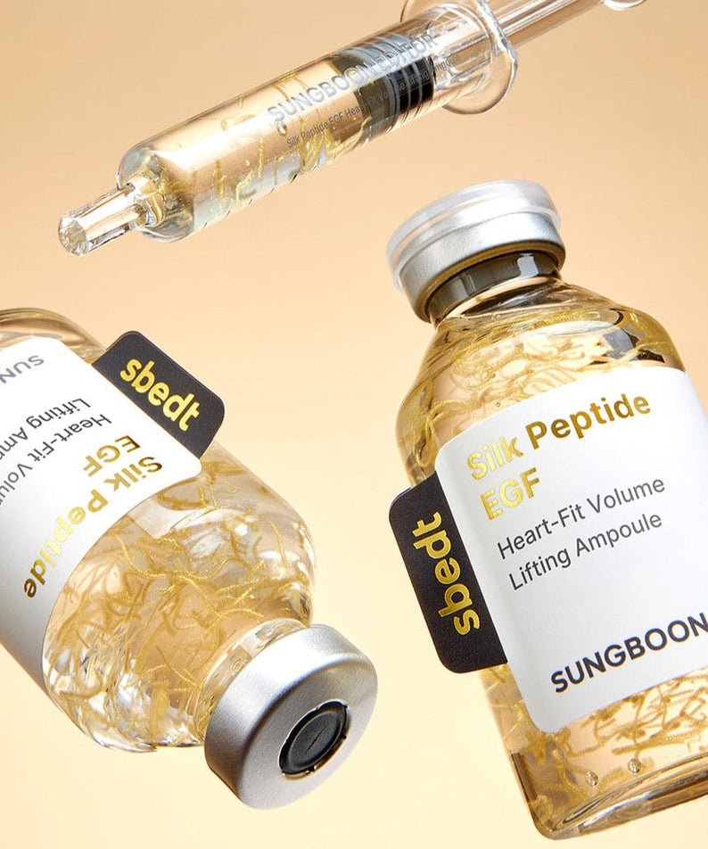 SUNGBOON EDITOR Silk Peptide EGF Heart-Fit Volume Lifting Ampoule 40ml displayed with syringe for skincare enhancement.