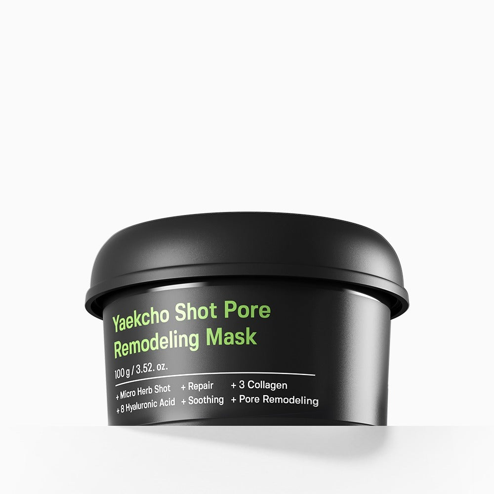 Black container of Yaekcho Shot Pore Remodeling Mask showing product details on label, 100g size, on a white background.