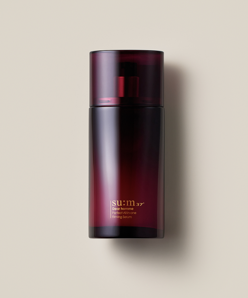 SU:M37 Dear Homme Perfect All-in-One Firming Serum 110ml displayed in dark red bottle for men by Gentleman Korea, premium Korean skincare product