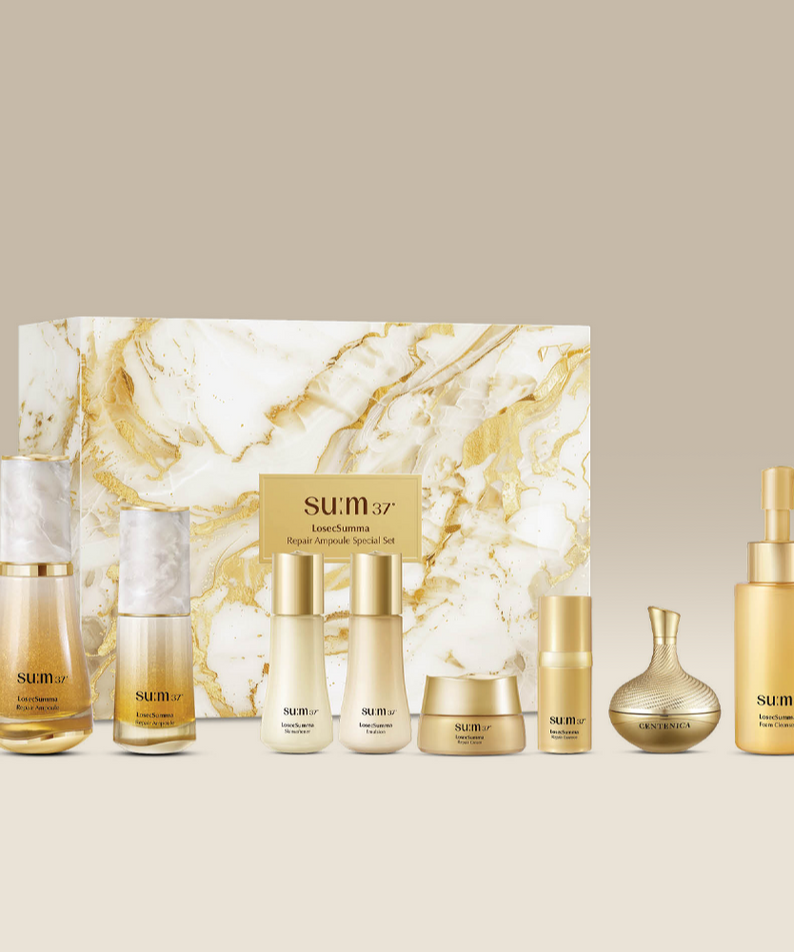 SU:M37 Rosic Summa Repair Ampoule Planning (Set) luxury skincare products with elegant packaging displayed on a neutral background.