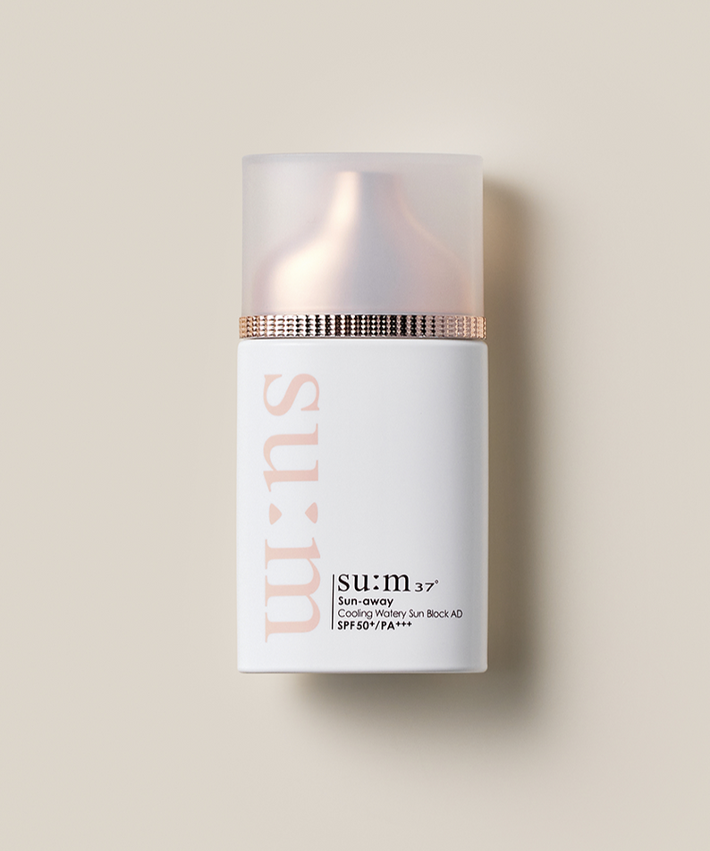 SU:M37 Sun-Away Cooling Watery Sunblock Aid 50ml in elegant packaging, providing effective sun protection with a cooling effect.