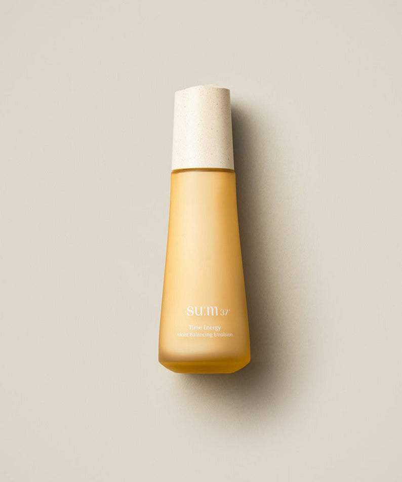 SU:M37 Time Energy Moist Balancing Emulsion 120ml product image of yellow bottle on beige background