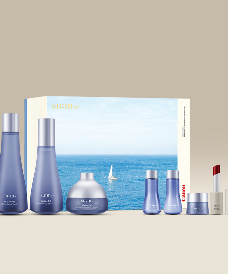 SU:M37 Water-full 3-piece plan (with Canon collaboration) skincare set displayed with packaging and Canon lipstick.