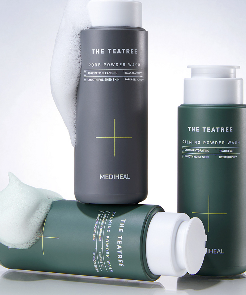 MEDIHEAL The Teatree Powder Wash 50g bottles with foaming cleanser, ideal for pore cleansing and skin hydration.