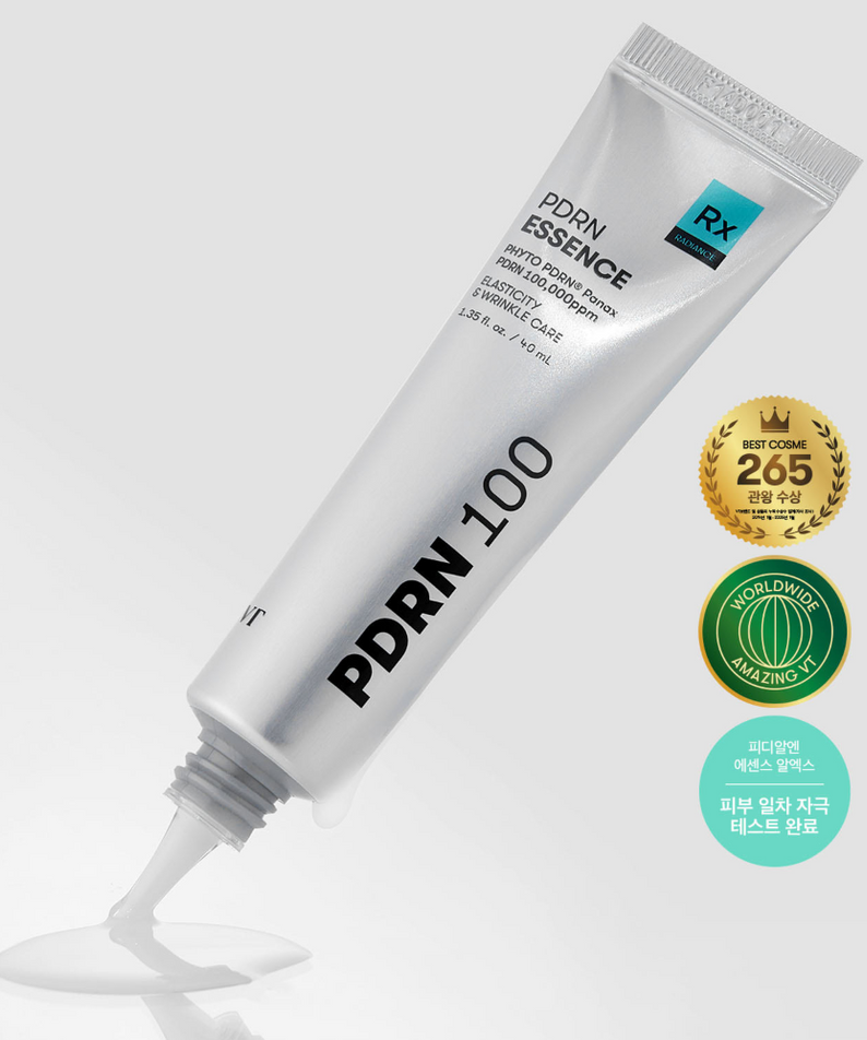 VT COSMETIC PDRN Essence RX 40ml tube with awards displayed, showcasing innovative skincare formula.