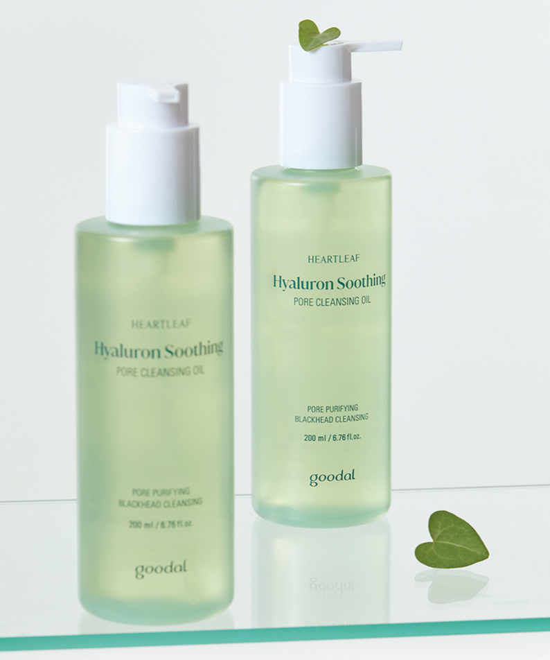 GOODAL Eoseongcho Hyaluronic Soothing Pore Cleansing Oil 200ml bottles displayed with green leaves