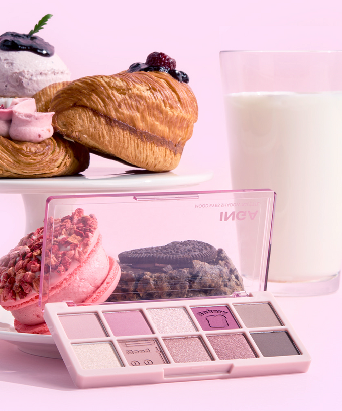 INGA Mood Eyes Shadow Palette with pastries and milk in background