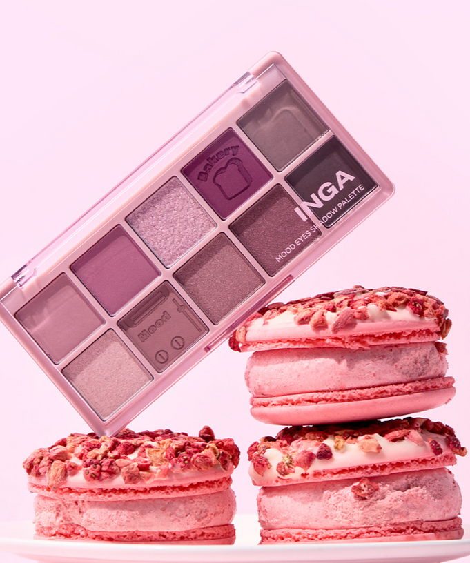 INGA Mood Eyes Shadow Palette with various pink shades displayed next to decorative pink macarons.