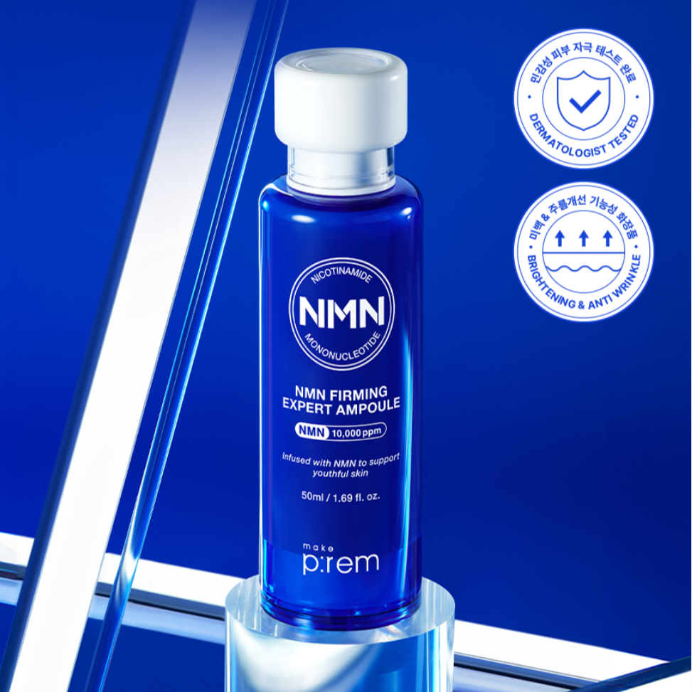 MAKE PREM NMN Firming Expert Ampoule 50ml product image on a blue background, showcasing skincare ampoule bottle with dermatologist-tested label.