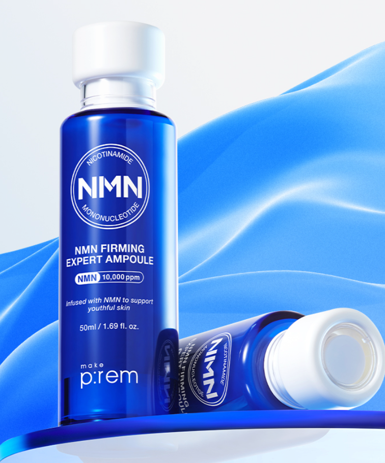 MAKE PREM NMN Firming Expert Ampoule 50ml on display with elegant blue background, showcasing the skincare product design.