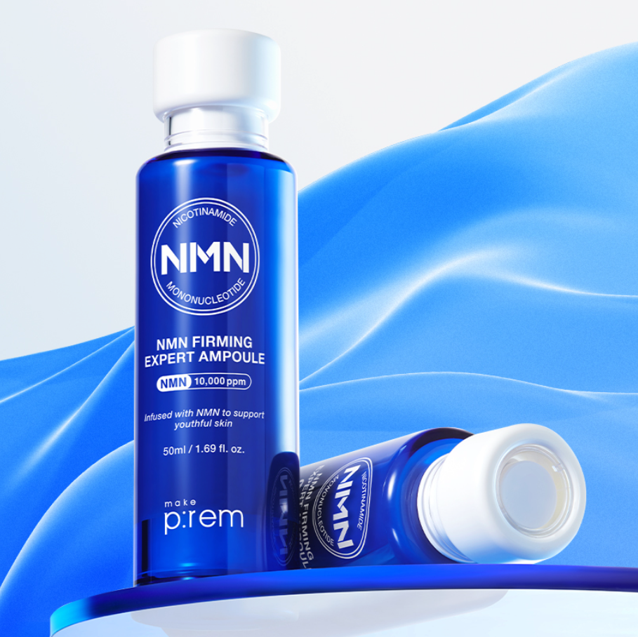MAKE PREM NMN Firming Expert Ampoule 50ml on display with elegant blue background, showcasing the skincare product design.