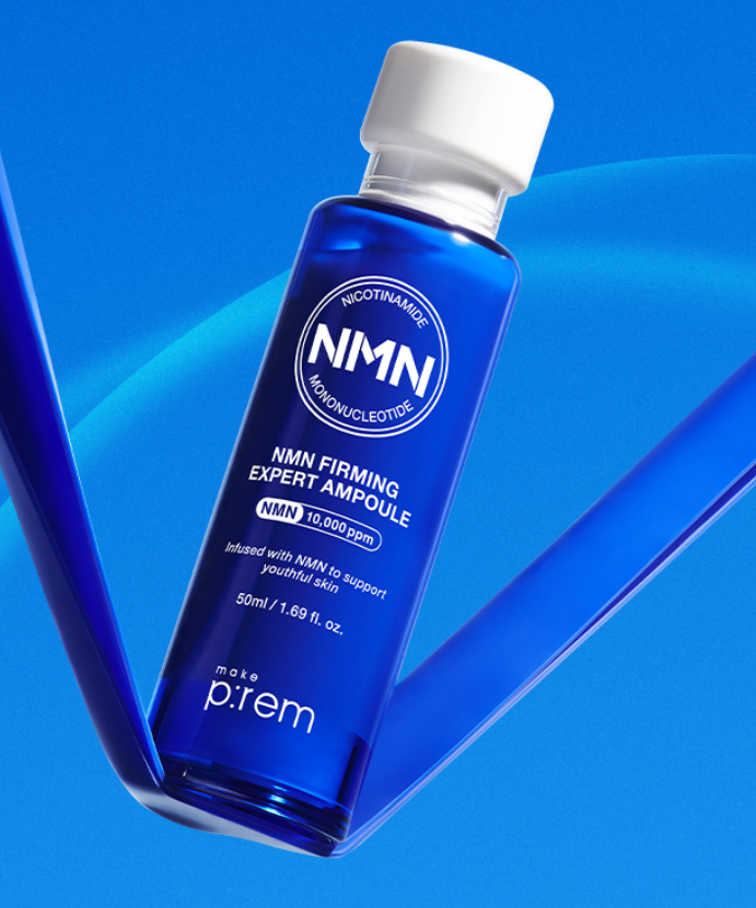 MAKE PREM NMN Firming Expert Ampoule 50ml bottle against a blue background