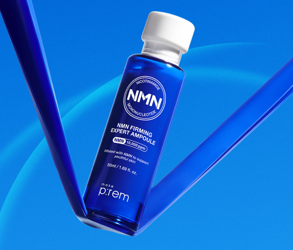 MAKE PREM NMN Firming Expert Ampoule 50ml bottle against a blue background