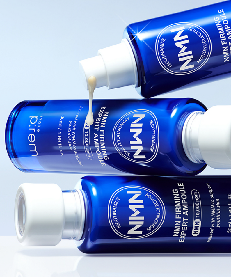 MAKE PREM NMN Firming Expert Ampoule 50ml bottles shown in dynamic arrangement.