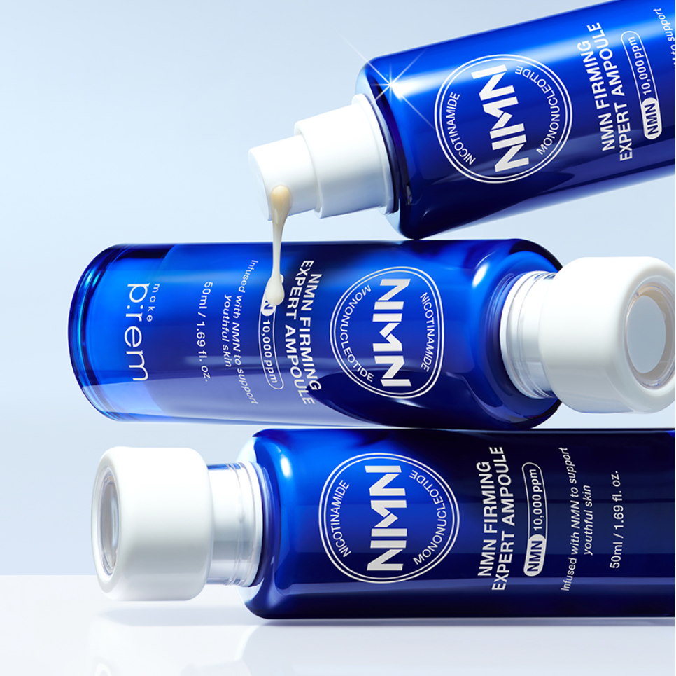 MAKE PREM NMN Firming Expert Ampoule 50ml bottles shown in dynamic arrangement.
