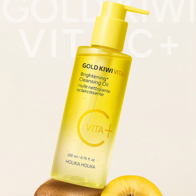 HOLIKA HOLIKA Gold Kiwi Vita C+ Brightening Cleansing Oil 200ml bottle with fruit, promoting skin brightening benefits.