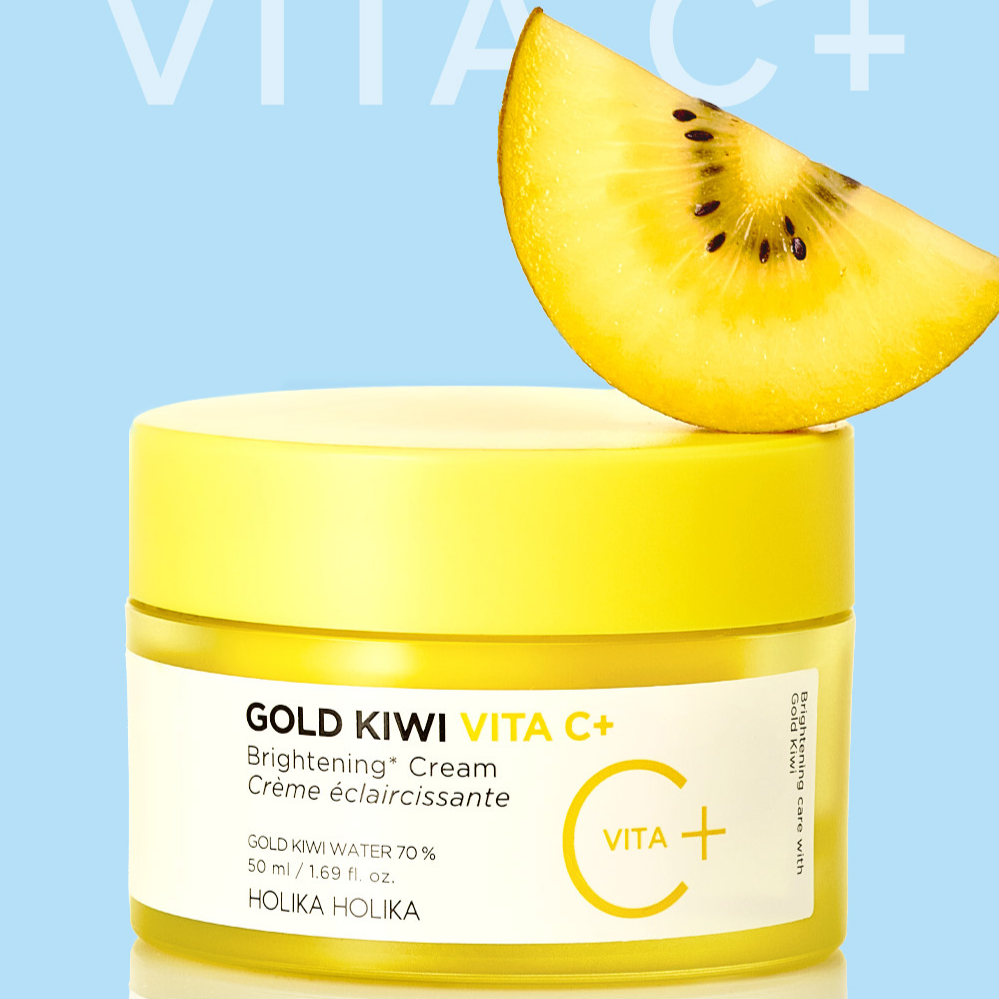HOLIKA HOLIKA Gold Kiwi Vita C+ Brightening Cream 50ml jar with kiwi slice on a blue background