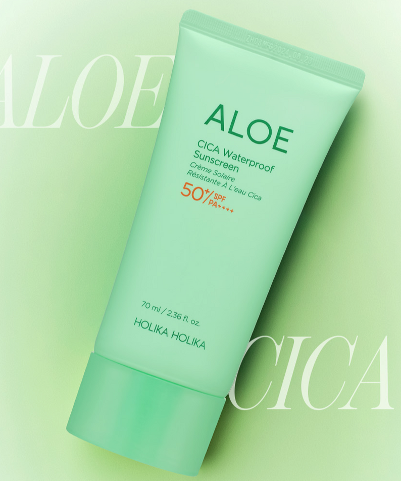 Image of HOLIKA HOLIKA Aloe Cica Waterproof Sunscreen 70ml, featuring SPF 50+ protection in a green tube packaging.