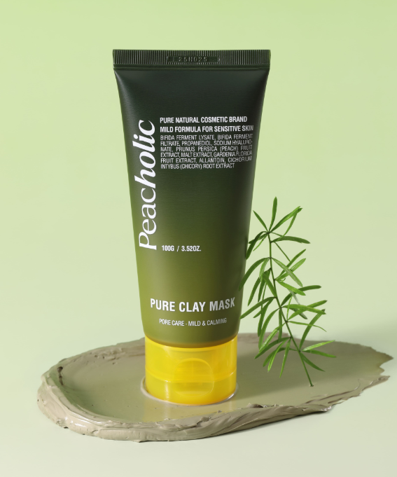 PEACHOLIC Pure Clay Mask 100ml tube with green design and plant on clay base