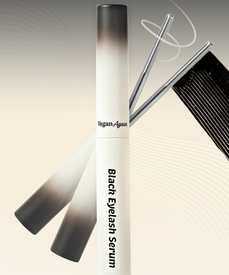 TOUCH IN SOL Vegan Again Black Eyelash Serum 5.5g with applicators on display.