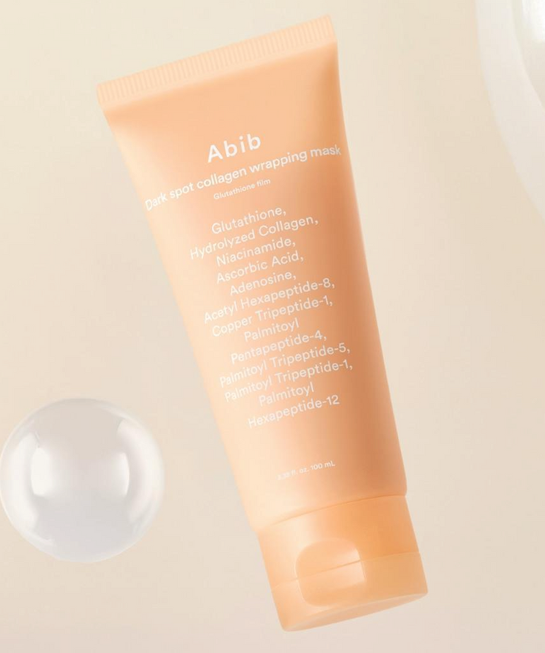 ABIB Blemish Collagen Wrapping Mask Glutathione Film 100ml packaging with listed ingredients in a peach-colored tube