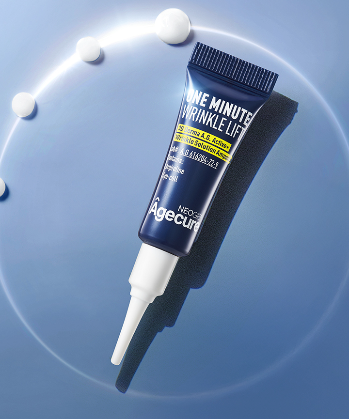 NEOGEN One Minute Wrinkle Lift Cream 3ml*4 tube on blue background with cream dots