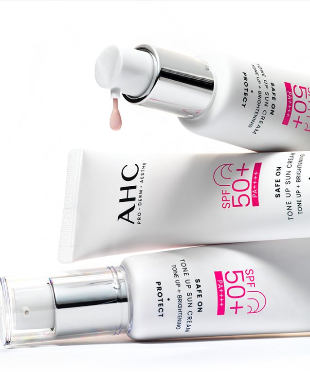 AHC Safe On Tone-Up Sunscreen 50ml SPF 50+ bottles displayed with cream texture.