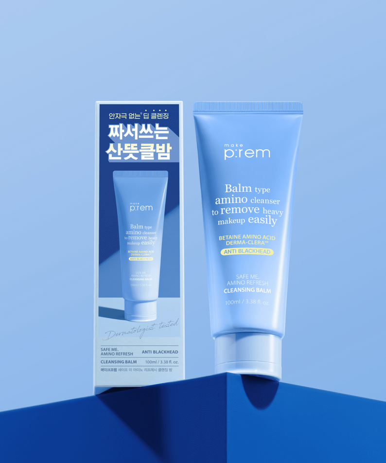 MAKE P:REM Safe Me Amino Refresh Cleansing Balm 100ml tube and packaging on a blue background