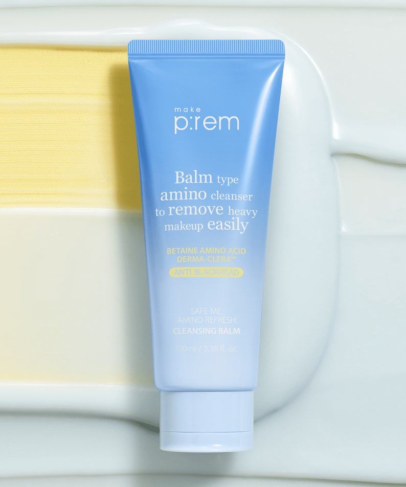 MAKE P:REM Safe Me Amino Refresh Cleansing Balm 100ml in blue tube on creamy background.