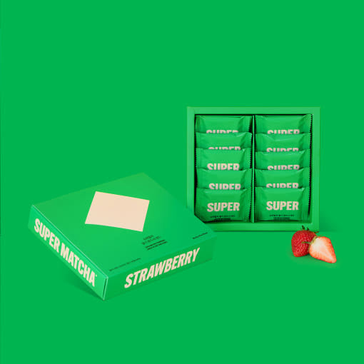 HIT THE TEA Super Matcha Lang De Cha Cream Sandwich 10 Pieces(Latte/Strawberry) in green box with strawberry image