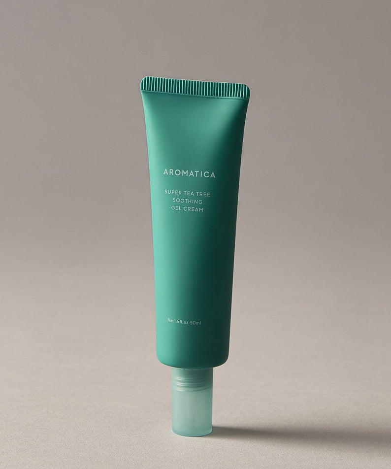 A tube of AROMATICA Super Tea Tree Soothing Gel Cream 50ML on a neutral background.