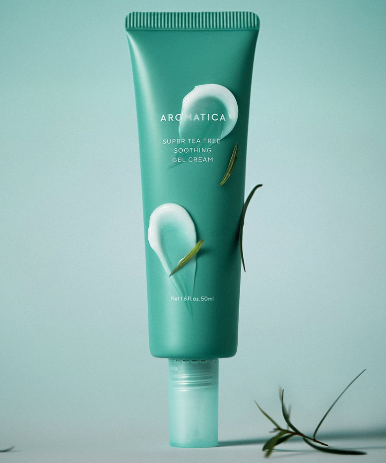 AROMATICA Super Tea Tree Soothing Gel Cream 50ML in green tube with tea tree leaves on green background