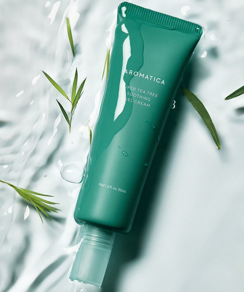 AROMATICA Super Tea Tree Soothing Gel Cream 50ML tube with green leaves on wet surface