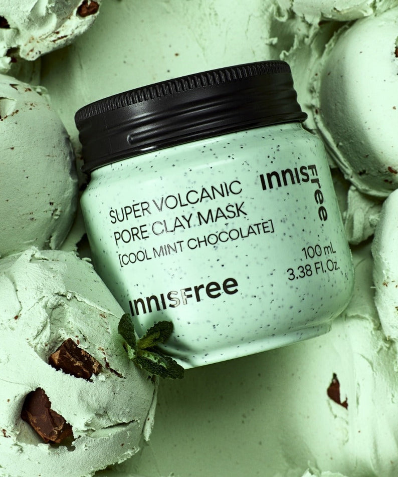 INNISFREE Super Volcanic Pore Clay Mask #Cool Mint Chocolate 100ml amidst mint chocolate decor.