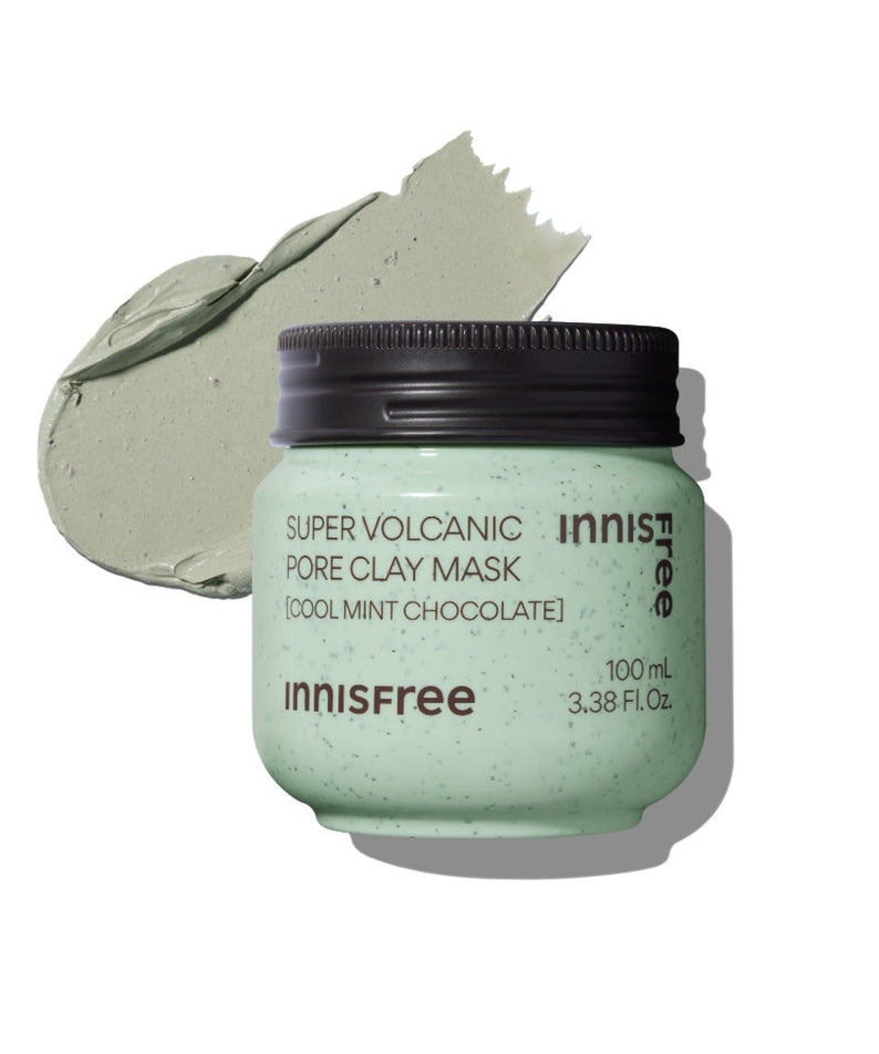 INNISFREE Super Volcanic Pore Clay Mask #Cool Mint Chocolate 100ml jar with green clay swipe background