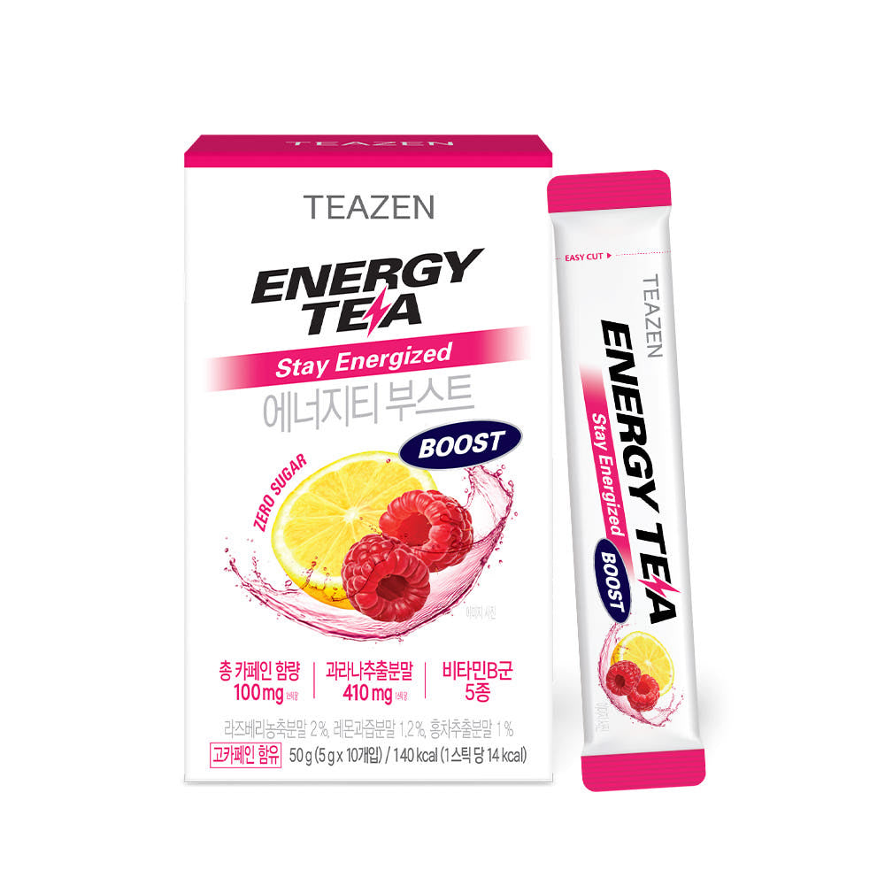 TEAZEN Energy Tea Boost 10 Sticks packaging with a single stick and fruit illustration on the box.