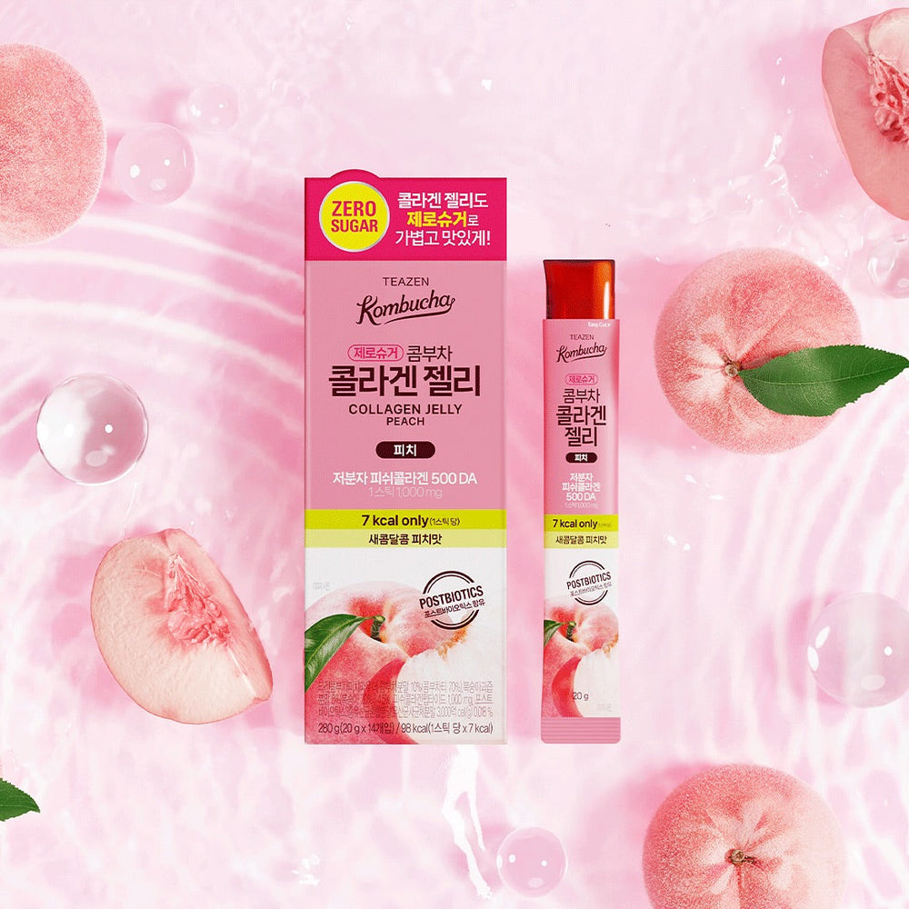 TEAZEN Kombucha Collagen Jelly Peach 14 Sticks packaging with peach slices and pink background