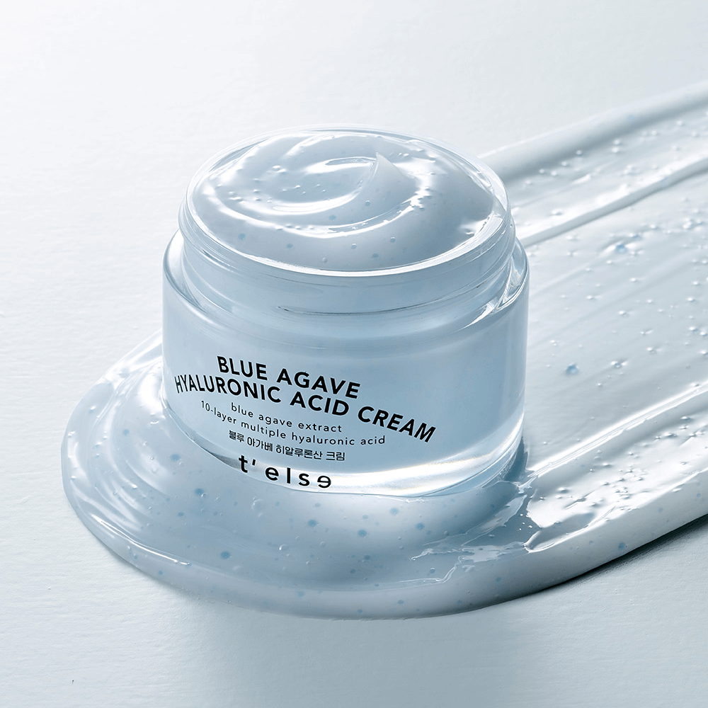T'ELSE Blue Agave Hyaluronic Acid Cream 50ml in a jar on a white background with cream texture.