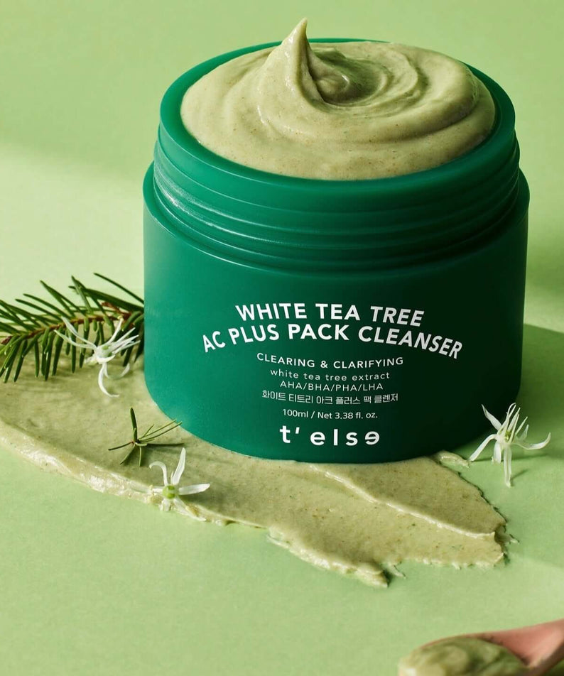 T'ELSE White Tea Tree Arc Plus Pack Cleanser 100ml - Green jar with creamy cleanser on textured background.