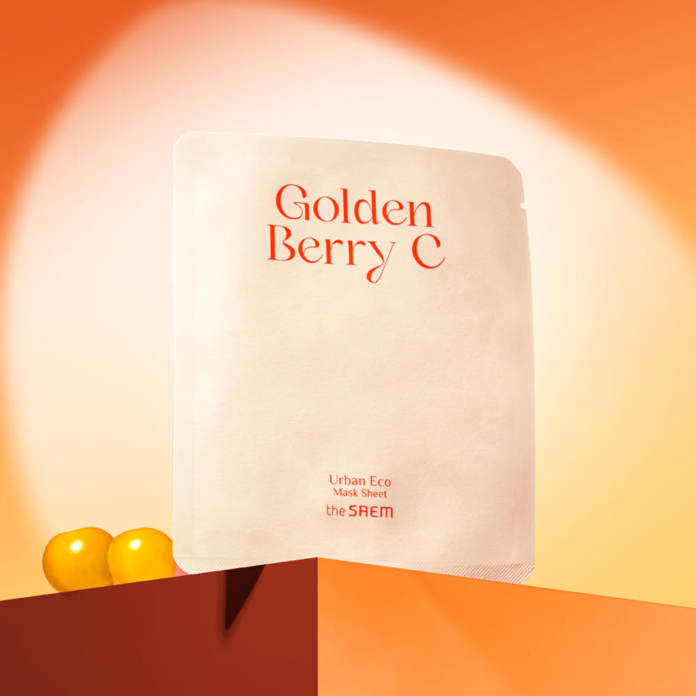 THE SAEM Urban Eco Golden Berry C Mask Sheets 10 Sheets packaged product on orange background