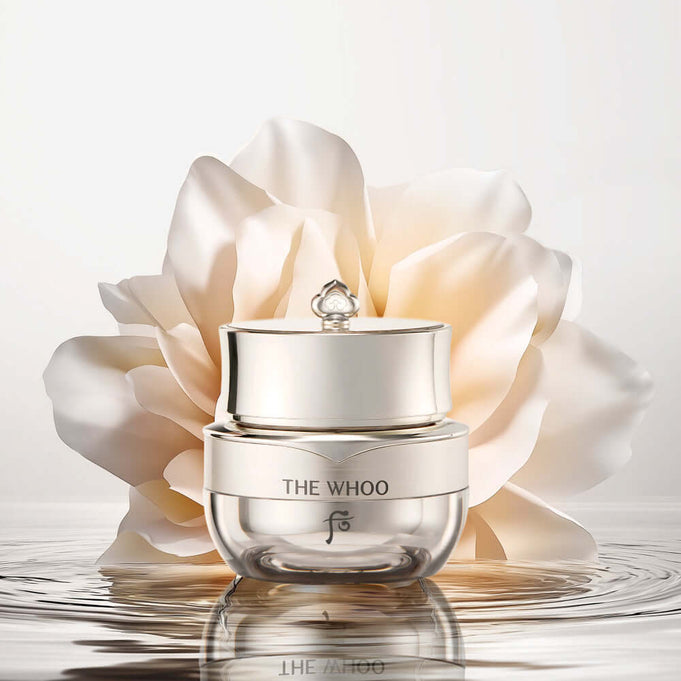 THE WHOO Cheongidan Hwahyun Radiance Eye Cream 20ml in elegant packaging with flower background