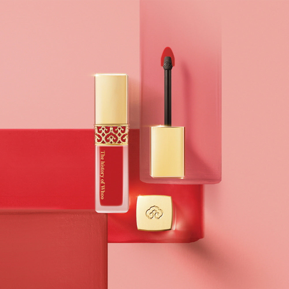 THE WHOO Gong Jin Hyang Mi Velvet Liquid Lip Rouge displayed on pink background